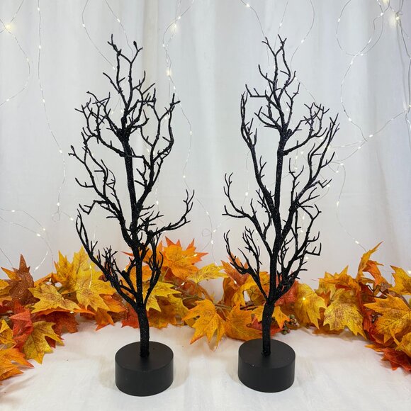 Halloween Black Glitter Tabletop Village Spooky Decor Trees set of 2- 19" New
